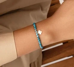 Bransoletka Neptun mini z naturalnych kamieni ze srebrną okrągłą koniczynką^Lilou New
