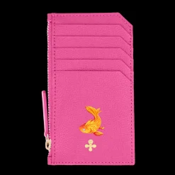 Card holder skórzany w kolorze fuksjowym z wytłoczoną koniczyną^Lilou Hot
