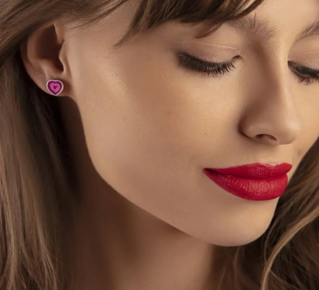 Kolczyki serca z fioletową i różową emalią, 9 mm, posrebrzane^Lilou Fashion